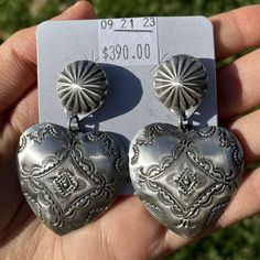 Navajo Sterling Silver Stamped Heart Earrings. Artist: Vincent Vjp Measurements: 2.4 Inch By 1.5 Inch Best Offers Accepted! Traditional Pierced Heart Earrings, Traditional Heart-shaped Earrings, Traditional Heart Earrings, Vintage Double Heart Jewelry, Silver Bohemian Heart Earrings For Valentine's Day, Heart Earrings, Sterling Silber, Clip On Earrings, 4 Inch