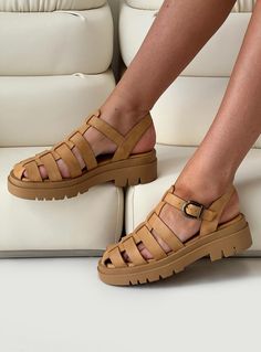 Sandals Strappy upper, slingback, silver-toned buckle fastening, chunky platform base, treaded sole, rounded toe Upper: 100% reclaimed PU, Lining: 100% PU, Outsole: 100% rubber Heel height: 3.5cm / 1.3in Tan Shoe, Holiday Fits, Sandals Strappy, Tan Shoes, Loafer Sneakers, Outerwear Outfit, Chunky Platform, Sandals For Sale, Fall Shoes