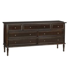 a brown dresser with six drawers and two pulls on the bottom, in front of a white background