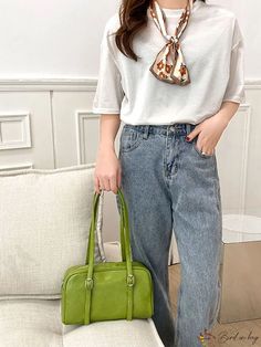 BirdinBag - Refined Buckle Accent Bucket Bag - A Minimalist Essential Versatile Green Baguette Bag For Daily Use, Casual Green Satchel For Office, Green Square Baguette Bag For Daily Use, Versatile Green Satchel, Versatile Green Square Shoulder Bag, Bag Bag, Bird In Bag, Square Bag, Green Bag