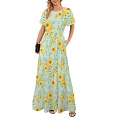 * Blue Yellow 70s Style Maxidress: Stunning vintage-inspired maxi dress. * Sunflower Print Maxi Dress: Features a beautiful and vibrant sunflower pattern. * High-Quality Fabric: Made from 95% polyester and 5% spandex for a comfortable and durable wear. * Crew Neckline: Classic and flattering neckline design. * Short Sleeves: Comfortable and perfect for warm weather. * Elastic Waistline: Provides a snug fit and enhances the silhouette. * Long A-Line Skirt: Elegant and flowy, perfect for a variety Casual Yellow A-line Maxi Dress, Summer Vacation Full Length Maxi Dress, Summer Vacation Full-length Maxi Dress, Spring Casual Full-length Maxi Dress, Bohemian Full-length Spring Dress, Spring Casual Full Length Maxi Dress, Bohemian Full Length Spring Dress, Casual Full Length Maxi Dress For Spring, Spring Floral Print Full-length Dress