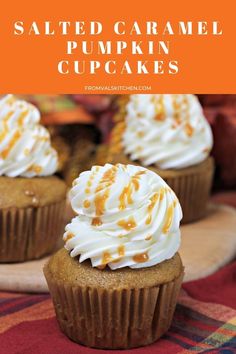 salted caramel pumpkin cupcakes with whipped cream on top