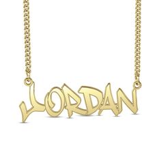 This men's necklace can be Personalized with the single name you select, up to 8 characters maximum, and sculpted in a grafitti-style font. The design is centered along a 20.0-inch curb chain that secures with a spring-ring clasp. Modern Gold Name Necklace For Gifting, Modern Gold Name Necklace For Gift, Modern Yellow Gold Name Necklace For Gift, Modern Yellow Gold Name Necklace As Gift, Modern Gold Name Necklace For Anniversary, Custom Yellow Gold Nameplate Necklace, Modern Custom Name Jewelry For Personalized Gift, Modern Gold Name Necklace, Gold Custom Name Necklace Nameplate