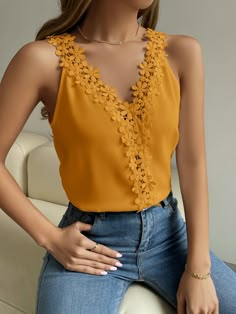 Yellow Elegant Collar  Rayon Plain Tank Embellished Non-Stretch Summer Women Tops, Blouses & Tee Business Formal Dress, Design Moda, Lace Cami Top, Women Tank Tops, V Neck Tank Top, Guipure Lace, Lace Cami, Tank Top Cami, Ball Dresses