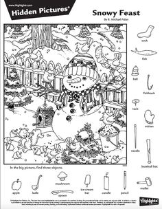 the hidden pictures snowman is shown in this coloring page