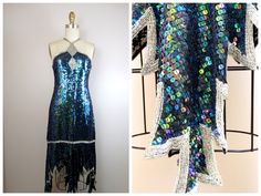 "Such a unique and elegant dress hand sewn with sequins and beading. It's in perfect condition! Measurements: Bust - 32\" Waist - 26\" Hips - 38\" Length - 37-49\" This dress comes from a pet-free and smoke-free home. If you would like more info or have any questions, please don't hesitate to ask!" Fitted Sequin Embellished Fabric For Evening, Glamorous Embellished Evening Dress For Costume Party, Embellished Fitted Evening Dress For Costume Party, Sequined Fitted Evening Dress For Costume Party, Fitted Sequin Evening Dress For Costume Party, Fitted Embellished Mermaid Dresses, Sequin Dress For Cocktail, Elegant Fitted Sequin Dress For Costume Party, Formal Mermaid Sequin Dress