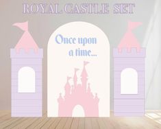 there is a castle set with the words once upon a time in blue and pink