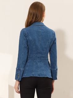 Shop Allegra K for jean jacket lapel long sleeve work denim blazer with pockets you are looking for, get more women's demin jackets for yourelf. Order now! Free Returns! Denim Blazer Women, Demin Jacket, Long Sleeve Denim Jacket, Chic Blazer, Denim Pocket, Denim Blazer, Blazer With Jeans, Slim Fit Trousers, Sophisticated Style