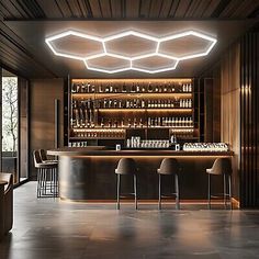 a dimly lit bar with stools and tables