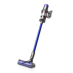 a blue and silver vacuum cleaner on a white background