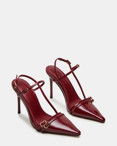 DEAGAN Wine Patent Strappy Pump Heel | Women's Heels – Steve Madden Dark Red Strappy Heels, Red Strappy Heels, Strappy Pumps, Closed Toe Heels, Work Shoes Women, Funky Shoes, Designer Pumps, Leather Socks, 3 Inch Heels