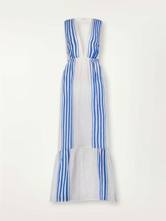 Product Front Shot of lemlem Lelisa V Neck Dress Featuring crisp white background and bright blue stripes and dots pattern Sailor Stripes, Deep Plunge, Caftan Dress, Plunge Neckline, Dress Robes, New Tops, Dots Pattern, Shirt Skirt, The Mediterranean