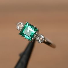 lab grown emerald ring silver multistone ring May birthstone ring engagement ring with white topaz Emerald Ring Silver, Multistone Ring, Square Cut Engagement Rings, Emerald Statement Ring, Square Cut Rings, Quinceanera Theme, Green Quinceanera, Milgrain Wedding Ring, Square Engagement Rings