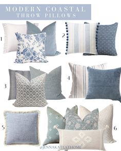 Do you love modern coastal decor? Want to achieve the same look in your home? Here's the best decor ideas, color palettes and inspiration to help you! Coastal Cushions Couch, Coastal Modern Living Room Black, Modern Coastal Mantle Decor, Blue Living Room Decor Ideas, Palette Bleu, French Coastal Decor, Organic Coastal, Elegant Coastal Decor, Coastal Farmhouse Living Room