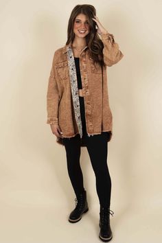 This stylish button up is a must have to add to your closet! We love the versatile cinnamon color paired with front chest pockets and an oversized fit, it's so trendy! It features a collared neck, fringe detailing along the bottom, and slide slits with a snake print contrast along the inside! 100% Cotton Unlined Material has no stretch Model is wearing a small Oversized Fall Outerwear With Frayed Hem, Oversized Outerwear With Frayed Hem For Fall, Brown Workwear Shacket With Corduroy Collar, Brown Shacket With Corduroy Collar For Work, Brown Relaxed Fit Button-up Shacket, Brown Button-up Shacket For Spring, Brown Cotton Shacket For Spring, Casual Cotton Fringe Outerwear, Casual Cotton Outerwear With Fringe