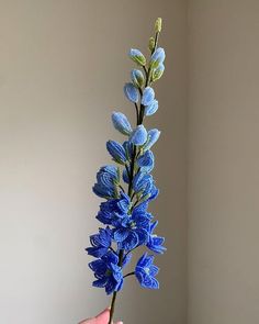 a hand holding a blue flower in front of a white wall