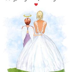 two brides looking at each other in front of the words happy wedding day on a white background