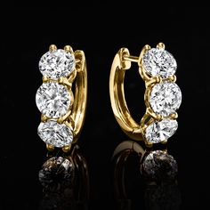 Ross-Simons - 3.00ct t. w. Lab Grown Diamond Huggie Hoop Earrings in 14kt Yellow Gold. 1/2". Score bigger, better sparkle for your budget! Our exceptional 3.00 ct. t. w. round brilliant-cut lab-grown diamond huggie hoop earrings are the perfect pair. Crafted in high-polished 14kt yellow gold, they offer an ideal size for any occasion with optimum sparkle from every angle. Hanging length is 1/2". Lab-grown diamonds are identical to mined diamonds according to their optical, physical and chemical Dazzling Yellow Gold Hoop Earrings With Prong Setting, Yellow Gold Huggie Earrings With Halo Design, Lab Grown Diamond Jewellery, Diamond Huggie Earrings, Diamond Birthstone, Diamond Hoop Earrings, Huggie Hoop Earrings, Yellow Diamond, 14kt Gold