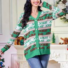 This cardigan can not only be worn at Christmas, but also be used for daily wear, which is why this cardigan is the perfect gift for mother, wife, daughter or friends. Give this thoughtful gift to your lover's birthday or Christmas! Casual Christmas Holiday Outerwear, Green Crew Neck Winter Outerwear, Green Holiday Sweater For Winter, Green Winter Holiday Sweater, Casual Long Sleeve Cardigan For Holiday, Green Crew Neck Winter Cardigan, Green Casual Christmas Sweater, Green Crew Neck Cardigan For Winter, Casual Green Winter Cardigan