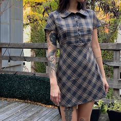 Bought It From Dolls Kill For Halloween Last Year But Never Wore It. Brand New! This Mini Dress Has A Plaid Print All Over, A Collared Neckline, Front Button Closures, Short Sleeves, And A Hidden Side Zip Closure.It's An Adorable Plaid Mini Dress W/ A Peter Pan Collar And Button-Up Front, Super Flatting & Cute Preppy Vibe. Retro Fitted Mini Plaid Dress, Retro Fitted Mini Length Plaid Dress, Retro Fitted Plaid Mini Dress, Cute Fitted Mini-length Plaid Dress, Cute Fitted Vintage Dress With Short Sleeves, Plaid Mini Dress With Buttons, Fitted Casual Vintage Mini Dress, Brown Fitted Plaid Dress, Fitted Brown Plaid Dress