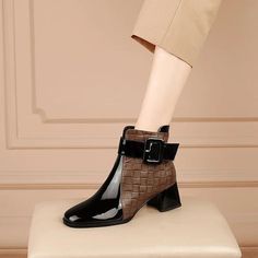 Category:Boots; Upper Materials:Patent Leather; Embellishment:Buckle; Season:Winter,Fall; Heel Type:Block Heel; Gender:Women's; Toe Shape:Square Toe; Type:Booties Ankle Boots; Style:Elegant; Heel Height(inch):>5; Outsole Materials:Rubber; Occasion:Daily; Closure Type:Zipper; Pattern:Braided,Solid Colored; Listing Date:09/05/2022; Production mode:External procurement; 2023 Trends:Combat Boots; Foot Length:; Foot Width:; SizeChart1_ID:2:179956; Size chart date source:Provided by Supplier.; US Size Women Leather Boots, Plus Size Boots, Square Toe Shoes, Women Ankle Boots, Zipper Heels, Chelsea Boots Women, Boots Women Fashion, Brown Ankle Boots, Thick Heels