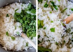 two pictures side by side showing rice and parsley in a pot