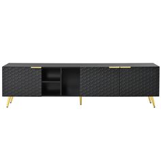 a black and gold sideboard with two shelves on one end, and an open drawer in the other