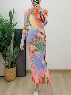 41481921036349 Print Pleated Dress, Pleated Long Dress, European Elegance, Elegant Clothing, High Neck One Piece, Slim Style, Elegant Aesthetic, Effortless Chic, Boho Women