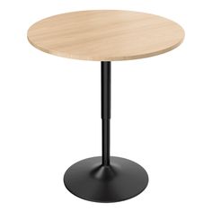 a round table with a black base and a wooden top on an isolated white background