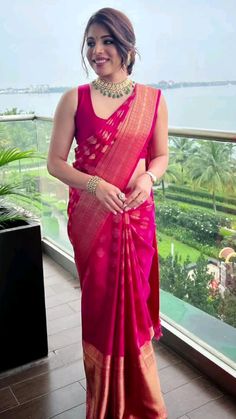 After Marriage Look Indian Saree, Bridal Saree Gujarati, Banarsi Pink Saree, Hairstyles With Silk Saree, Pink Saree With Jewellery, Saree For Brothers Wedding, Ulta Pallu Saree Style, Bride Sister Saree, Maharashtrian Saree Look For Wedding