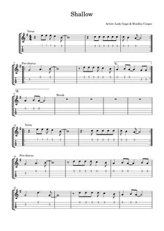 sheet music for guitar with the words shallow