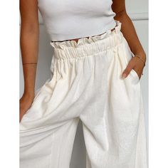 White Ruffled High Waist Wide Leg Pants with Pocket Casual Ruffled Trousers, Summer Wide Leg Bottoms With Ruffle Hem, Casual Solid Color Pants With Ruffles, Casual Wide-leg Pants With Ruffles, Summer Wide-leg Pants With Ruffles, Chic Ruffled Pants For Day Out, Solid Bottoms With Ruffle Hem For Summer, Ruffled Trousers For Summer, White Ruffled Bottoms For Spring