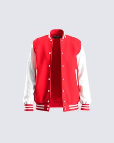 You will never be runner-up in this red varsity logo jacket 🙌 Made from a structured woolen body fabric + faux leather sleeves, this look is complete with stripe ribbed cuffs and collar, chenille finesse patch, snap front closures, and welt pockets ❤️ Red Varsity Jacket Outfit, Outfit With Blue Jeans, Red And White Jacket, Collage Jacket, Red Varsity Jacket, Varsity Jacket Outfit, Black Cropped Jacket, Pink Tweed Jacket, Black Off Shoulder Top