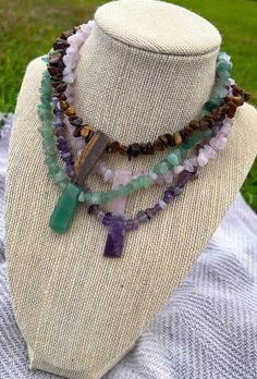 "Authentic natural gemstone tiny crystal chips necklaces offer individual healing properties to create a soothing, serene, and spiritual vibe based off your intentions. Available in rose quartz, amethyst, green aventurine, and tigers eye. This raw natural necklace makes a great gift for friends or family. Necklaces measure 14\" in length and have a 2.5\" extender clasp. Features a lobster claw closure. Please message me for a custom length! ❊𝐇𝐞𝐚𝐥𝐢𝐧𝐠 𝐰𝐢𝐭𝐡 𝐀𝐦𝐞𝐭𝐡𝐲𝐬𝐭 ♥ Spiritual a Nature-inspired Crystal Necklaces With Gemstone Beads For Healing, Nature-inspired Gemstone Beaded Necklace For Wellness, Healing Crystal Necklaces With Natural Stones, Holistic Natural Stone Crystal Necklaces For Healing, Aventurine Crystal Necklaces For Healing, Nature-inspired Crystal Gemstone Necklaces For Healing, Nature-inspired Crystal Gemstone Necklace For Meditation, Natural Necklace, Crystal Amethyst