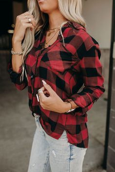 Red Buffalo Plaid Button Pocket Blouse Fall V-neck Shirt With Button Closure, Red V-neck Shirt For Fall, Red V-neck Blouse With Buttons, Fall V-neck Shirt With Buttons, Red Buttoned Tops For Fall, Red Long Sleeve Blouse With Buttons, Red V-neck Blouse With Button Closure, Red Long Sleeve Top With Button Closure, Red Shirt For Workwear In Fall