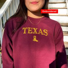 *SIZES ARE UNISEX* -I'd suggest your usual size for a more fitted look, or sizing up for a more relaxed fit. *these sweatshirts are extra comfy when oversized 👢 "Texas" embroidered on a sporty cute vintage-style crewneck. A retro sweatshirt bound to keep you warm in the colder months. A pre-shrunk, classic fit sweater that's made with air-jet spun yarn for a soft feel and reduced pilling. Your new favorite sweatshirt! * 50% cotton, 50% polyester * Pre-shrunk * Classic fit with no center crease Oversized Fall Sweater With Letter Embroidery, Oversized Letter Embroidery Sweater For Fall, Oversized Fall Sweatshirt With Letter Embroidery, Oversized Sweatshirt With Letter Embroidery For Fall, Fall Game Day Sweatshirt With Embroidered Graphics, School Spirit Sweatshirt With Relaxed Fit For Fall, Embroidered School Spirit Tops For Fall, School Spirit Tops With Embroidered Graphics For Fall, Fall School Spirit Sweatshirt With Embroidered Graphics