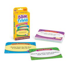 the bible trivia game is shown in three different colors and sizes, including one for each