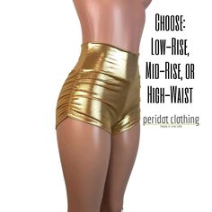 Sexier and more flattering! Our classic booty shorts made in metallic mystique gold performance spandex with ruching on each side. Made to flatter your figure and move with you. The standard inseam is 2.5" - but can be customized. Choose between low-rise, mid-rise and high-waist (high-waist shown in photos). Rave Shorts, Rave Clothing, Dance Shorts, Rave Festival, Rave Wear, Pole Dance, Curvy Outfits, Leather Shorts, Rave Outfits