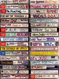 many different types of cassettes stacked on top of each other with words written on them