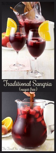 two glasses filled with red liquid and lemon wedges on top of each glass, next to a pitcher full of sangria