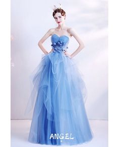 Buy beautiful ruffled blue ballgown prom dress strapless at wholesale price online. Free shipping and pro custom service since 2009. Blue Ballgown Prom Dress, Blue Ballgown, Prom Dresses Short Blue, Ballgown Prom Dress, Light Blue Gown, Prom Dress Strapless, Clothing Fancy, Tulle Dress Long, Wedding Dress Evening