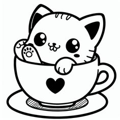 a black and white drawing of a cat in a cup