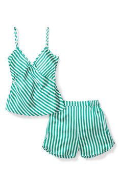 Drift off to dreamland in the luxury of whisper-light silk pajamas—this perfectly giftable set pairs a camisole with elastic-waist shorts. Camisole has V-neck; adjustable straps Shorts have elastic waist 100% silk Machine wash, dry flat Imported Chic V-neck Summer Sleepwear, Green Sleep Sets For Summer, Green Sleepwear Sets For Summer, Summer Vacation Satin Sets, Satin Bedtime Sets For Summer, Satin Sets For Summer Pajama Party, Summer Satin Bedtime Sets, Green Satin Sleepwear For Summer, Summer Satin Pajama Party Sets