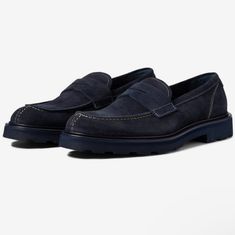 Real Suede Made In Italy New In Box Blue Leather Sole Loafers For Business Casual, Blue Loafers With Leather Sole For Business Casual, Classic Blue Loafers For Business Casual, Casual Blue Dress Shoes For Business, Casual Blue Dress Shoes For Spring, Blue Loafers For Business Casual, Blue Slip-on Loafers For Business Casual, Navy Slip-on Loafers For Work, Navy Loafers With Leather Sole For Work