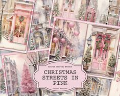 christmas streets in pink are featured in this postcard collage with the words'christmas streets in pink '