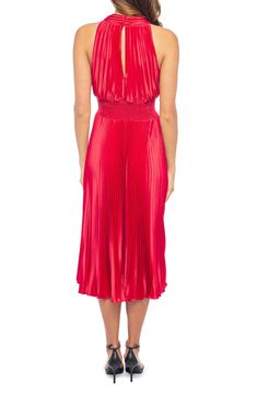 Make an elegant appearance in a pleated charmeuse cocktail dress fashioned with cutaway shoulders and a smocked waist in a graceful A-line silhouette. 48" length Back keyhole with hook-and-eye closure Deep V-neck Sleeveless, with cutaway shoulders Partially lined 95% polyester, 5% spandex Hand wash, dry flat Imported Silk Ruched Pleated Evening Dress, Silk Ruched Pleated Dress For Party, Evening Satin Midi Dress With Pleated Waist, Silk Evening Dress With Pleated Waist, Silk Midi Dress With Pleated Waist For Party, Silk Pleated Waist Dress For Evening, Silk Midi-length Pleated Dress For Party, Silk Midi Dress With Pleated Waist For Cocktail, Silk Pleated Midi Dress For Party