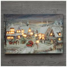 a painting of a christmas village with lights on