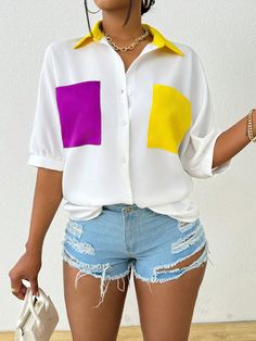 Multicolor Casual Collar Short Sleeve Woven Fabric Colorblock Shirt Embellished Non-Stretch  Women Clothing Color Block Shirt Women, Colorblock Shirt, Color Block Shirts, Summer Color, Women Blouses, Plus Size Kleidung, Kids Sleepwear, Kids Beachwear, Casual Shirt