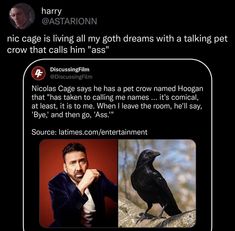 a twitter post with an image of a man and a crow