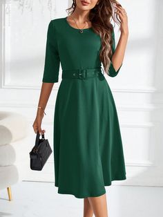 Women Solid Color Round Neck Short Sleeve Waist Eyelet Tie Elegant Mid-Length Dress Dark Green Casual,Elegant  Half Sleeve Knitted Fabric Plain A Line Slight Stretch  Women Clothing, size features are:Bust: ,Length: ,Sleeve Length: Sleepwear Sets, Pajama Set Women, Mid Length Dresses, 15 Dresses, Womens Midi Dresses, Long Sleeve Casual, Pajamas Women, Costume Accessories, Eos